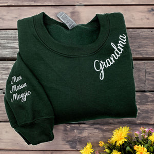 Custom Embroidered Grandma Sweatshirt with GrandKids Names on Sleeve, Personalized Gift for Grandma, New Grandma Mother's Day Birthday Gift