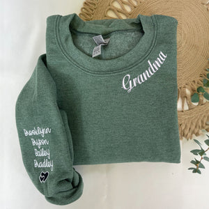 Nonna Sweatshirt or Hoodie with Embroidered GrandKids Names on Sleeve