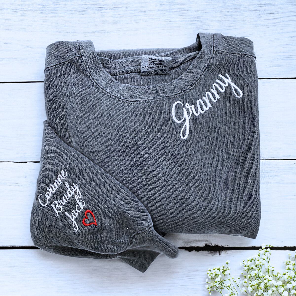 Custom Embroidered Granny Sweatshirt or Hoodie with GrandKids Names on Sleeve