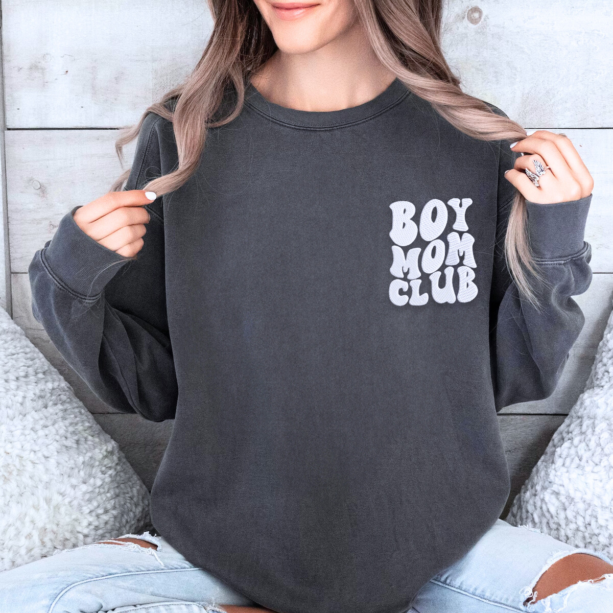 Boy Mom Club Sweatshirt or T-Shirt with Embroidered Kids Names on Sleeve