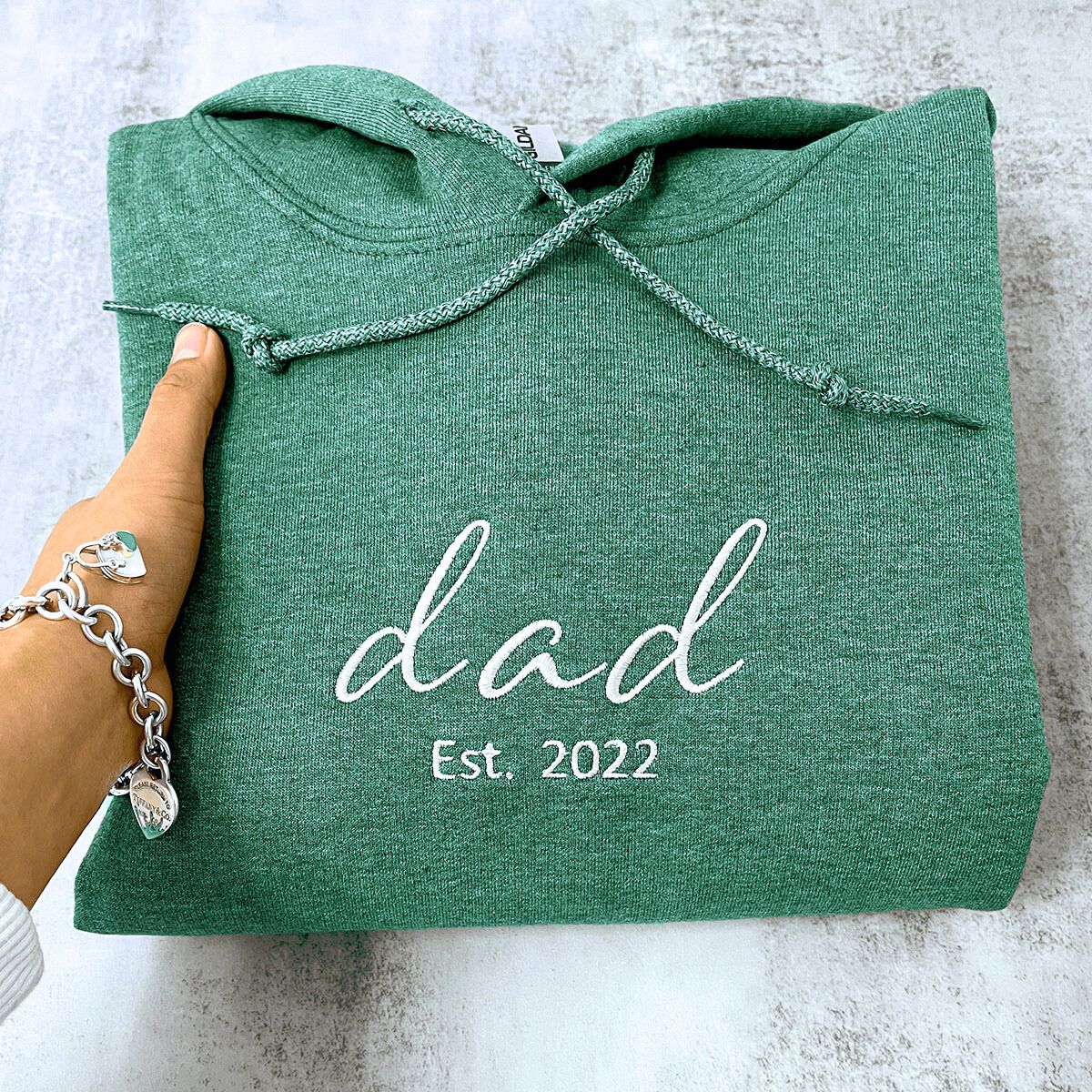 Heather Dark Green with Est. 2022 embroidery on chest, a meaningful and cozy gift for dad