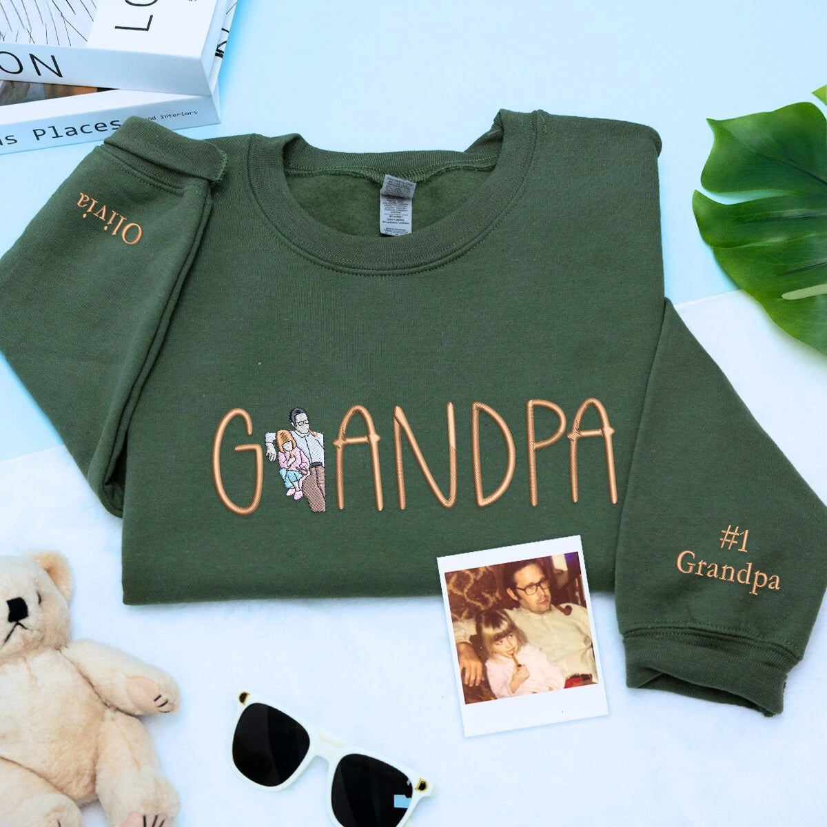 Heather Dark Green Grandpa Sweatshirt with Grandkid, a meaningful and cozy gift for grandpa father's day