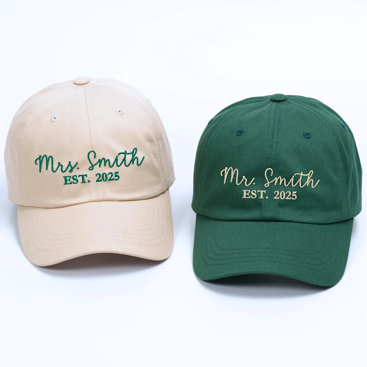 Embroidered Mr. and Mrs. personalized hats with last name – bridal shower or engagement gift
