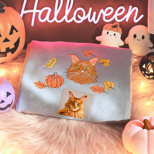 Grey Halloween Cat Sweatshirt, a sppoky season gift for cat mom cat dad