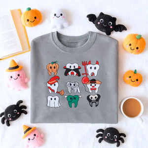 Embroidered spooky Halloween dentist shirt with teeth design, ideal for dental professionals