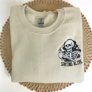 Embroidered Halloween Sweatshirt with Staying Alive Crewneck or Hoodie for Women Men