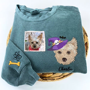 Comfort Colors® Custom Embroidered Dog Portrait with Halloween Witch Hat Portrait T-Shirt or Sweatshirt