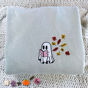 Embroidered Fall Ghost Reading Book Halloween Sweatshirt or Hoodie