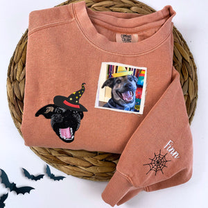 Comfort Colors® Custom Embroidered Dog Portrait with Halloween Witch Hat Portrait T-Shirt or Sweatshirt