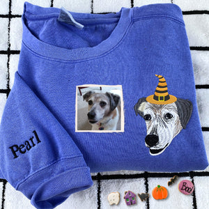 Comfort Colors® Custom Embroidered Dog Portrait with Halloween Witch Hat Portrait T-Shirt or Sweatshirt