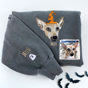 Comfort Colors® Custom Embroidered Dog Portrait with Halloween Witch Hat Portrait T-Shirt or Sweatshirt