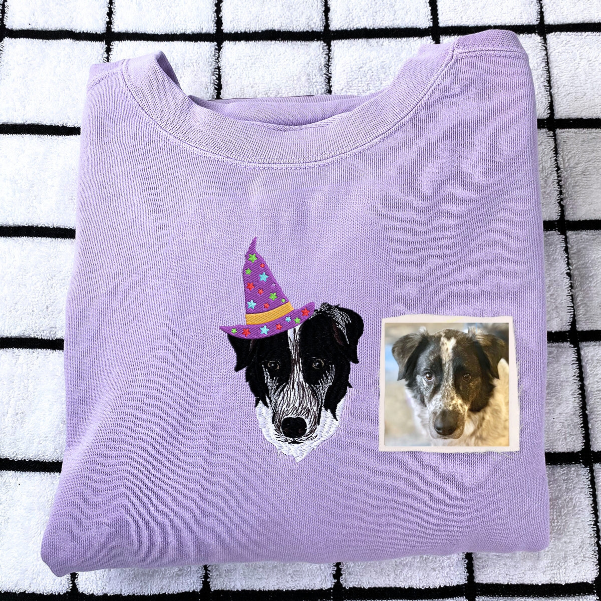 Comfort Colors® Custom Embroidered Dog Portrait with Halloween Witch Hat Portrait T-Shirt or Sweatshirt