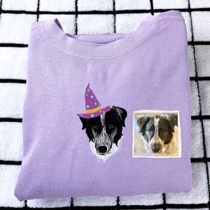 Comfort Colors® Custom Embroidered Dog Portrait with Halloween Witch Hat Portrait T-Shirt or Sweatshirt