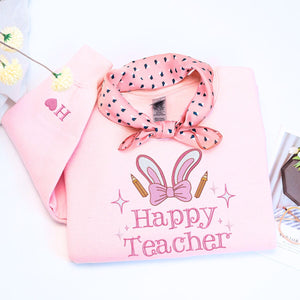 Happy Teacher Sweatshirt or Hoodie with Cute Coquette Bow, Custom Embroidered Easter Gift for Teacher