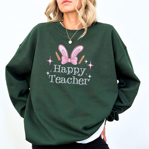 Happy Teacher Sweatshirt or Hoodie with Cute Coquette Bow, Custom Embroidered Easter Gift for Teacher