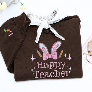 Happy Teacher Sweatshirt or Hoodie with Cute Coquette Bow, Custom Embroidered Easter Gift for Teacher