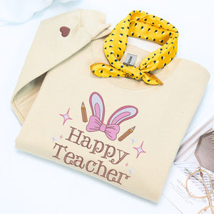 Happy Teacher Sweatshirt or Hoodie with Cute Coquette Bow, Custom Embroidered Easter Gift for Teacher