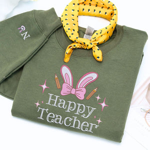 Happy Teacher Sweatshirt or Hoodie with Cute Coquette Bow, Custom Embroidered Easter Gift for Teacher