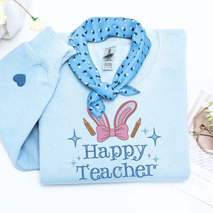 Happy Teacher Sweatshirt or Hoodie with Cute Coquette Bow, Custom Embroidered Easter Gift for Teacher