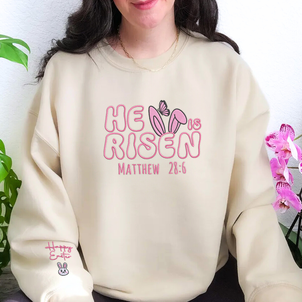 Personalized Easter Gift with Embroidered He Is Risen on Chest Sweatshirt or Hoodie