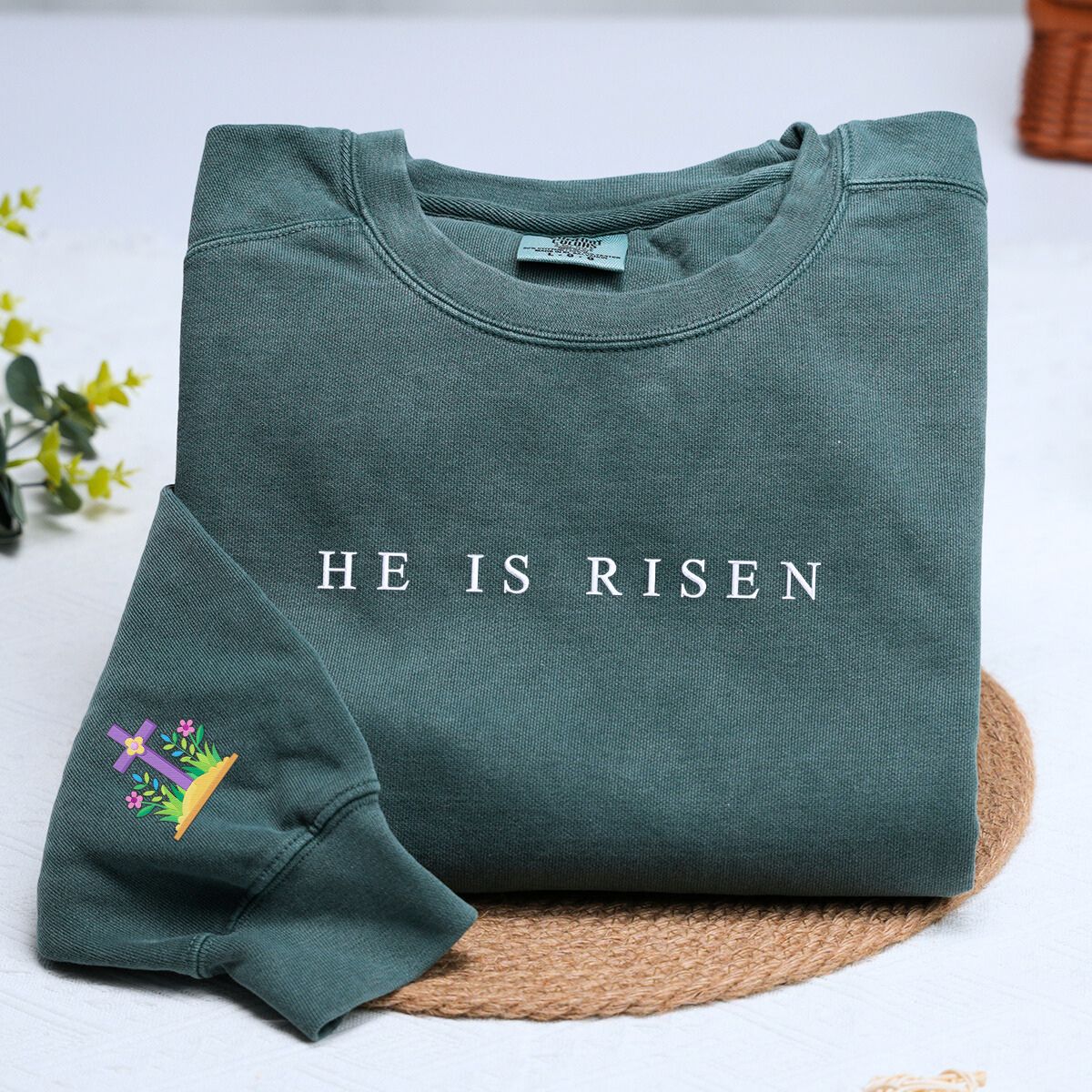 Comfort Colors He Is Risen T-Shirt or Sweatshirt, Custom Embroidered Gift for Easter Day