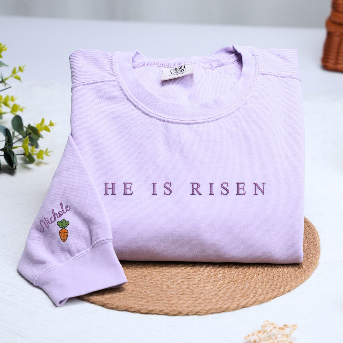 Comfort Colors He Is Risen T-Shirt or Sweatshirt, Custom Embroidered Gift for Easter Day