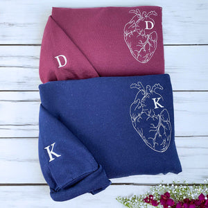 Custom Embroidered Anatomical Heart with Initial Matching Sweatshirt or Hoodie