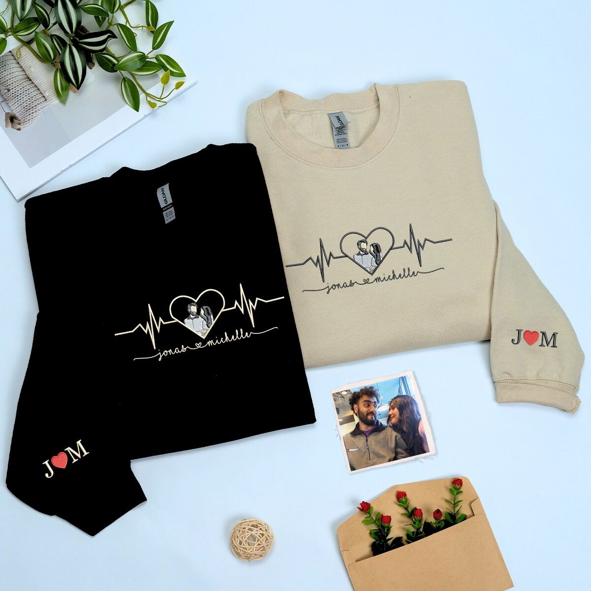 Heartbeat Hoodie or Sweatshirt, Custom Embroidered for Couples Gift with Roman Numeral, Your Photo, Est Year