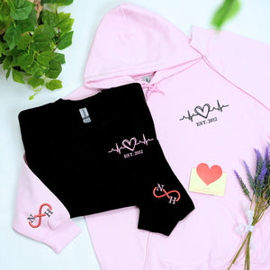 Heartbeat Hoodie or Sweatshirt, Custom Embroidered for Couples Gift with Roman Numeral, Your Photo, Est Year