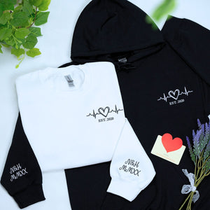 Heartbeat Hoodie or Sweatshirt, Custom Embroidered for Couples Gift with Roman Numeral, Your Photo, Est Year