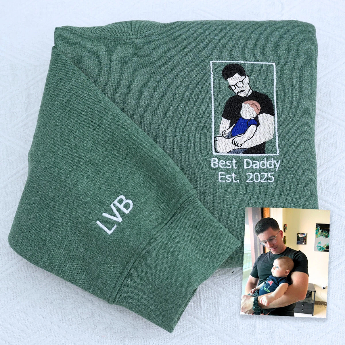 Heather Dark Green Dad Sweatshirt with Best Daddy Est. 2025 embroidery, a meaningful and cozy gift for dad