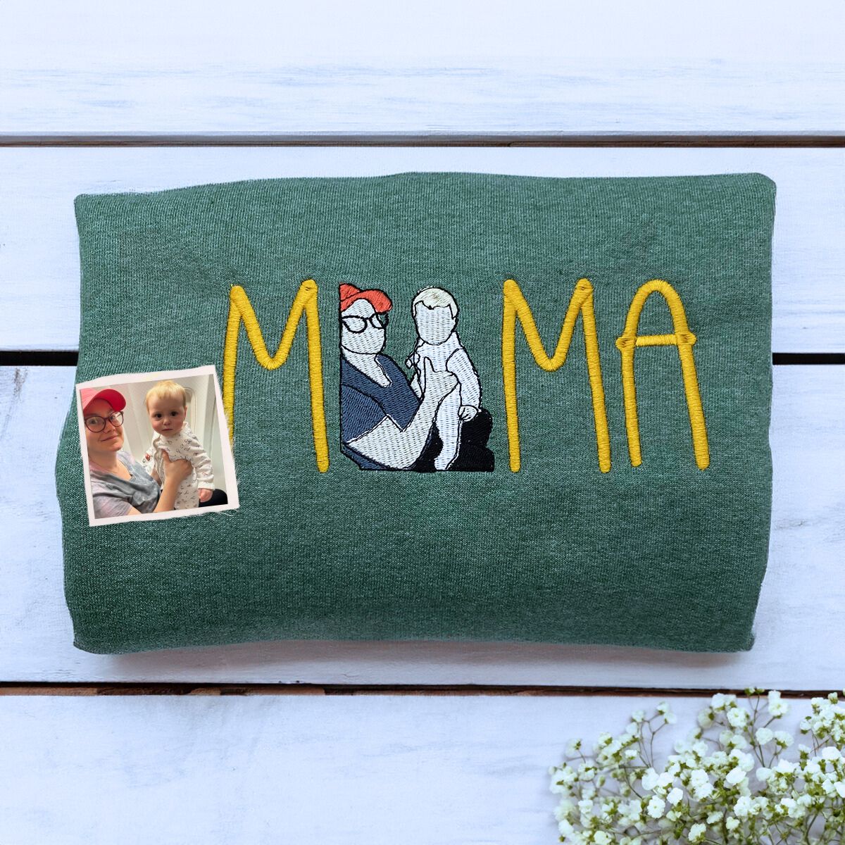 Folded Heather Dark Green Mama Sweatshirt with Mom and Son Portrait Embroidery, a meaningful anf cozy gift for Mama