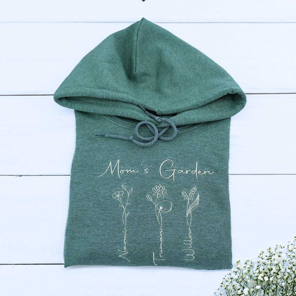Mom's Garden Heather Dark Green with Kids names on Chest, a meaningful and cozy gift for garden mom
