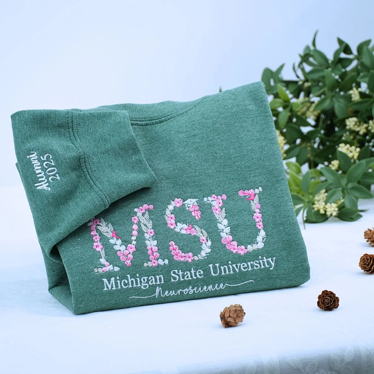 Heather Dark Green University Sweatshirt with Floral Embroidery, Personalized Graduation Gift 