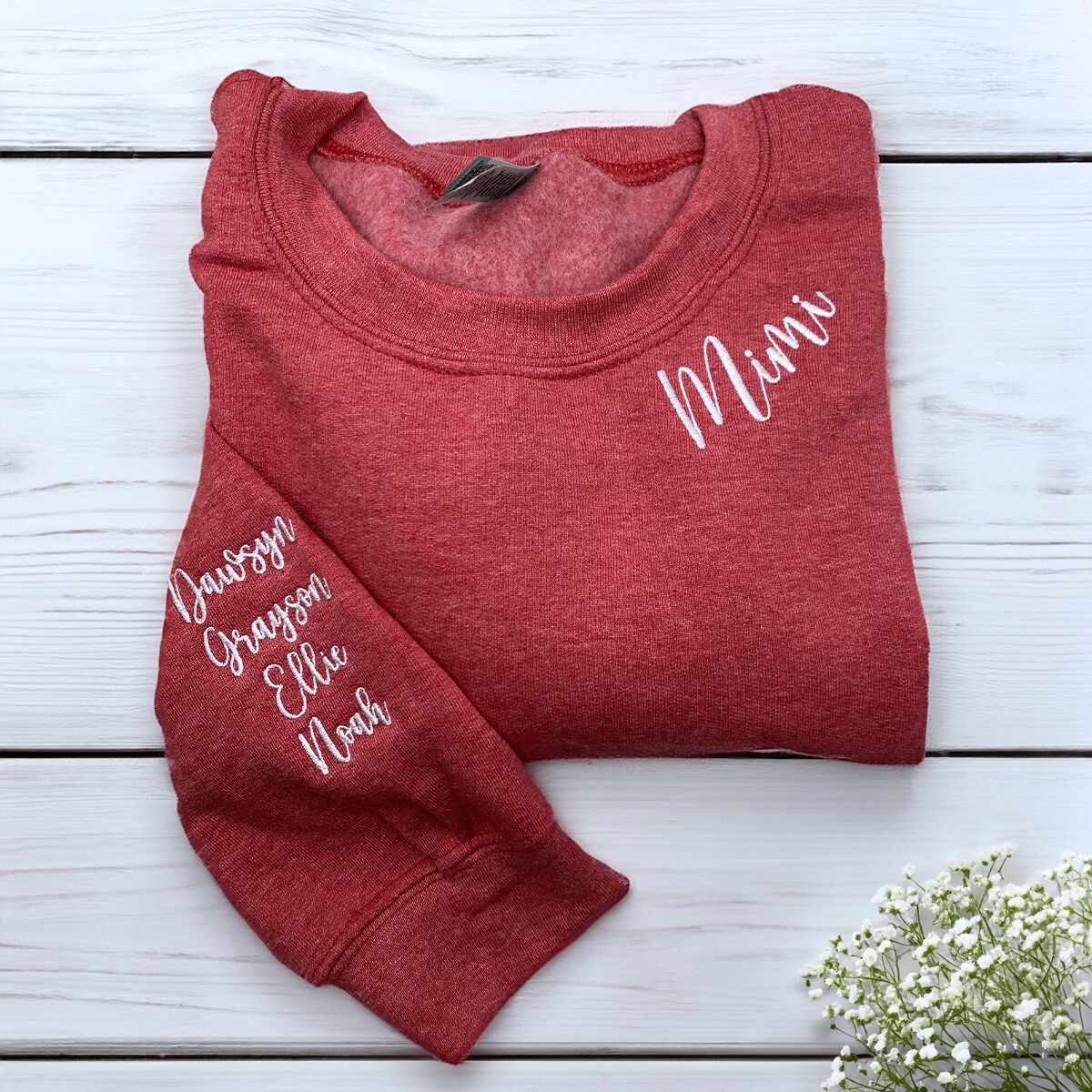Folded Heather Scarlet Red Mimi Sweatshirt with Grandkids' Names on Sleeve, A Meaningful and cozy Gift for Mimi