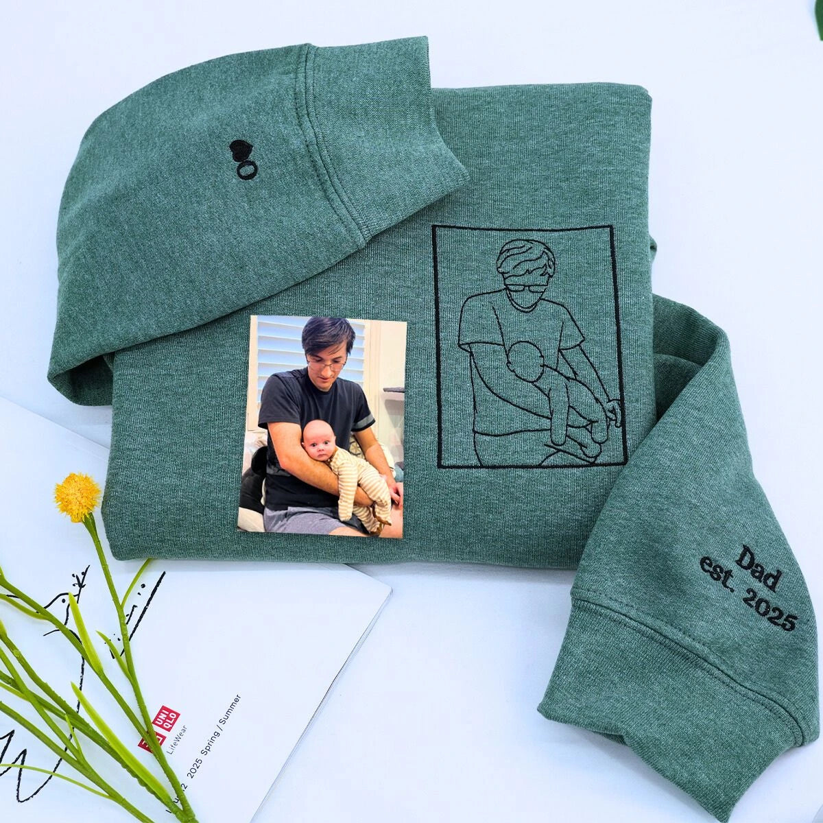 Heather Dark Green Dad Outline Sweatshirt with Dad Est. 2025 embroidery, a meaningful and cozy gift for dad