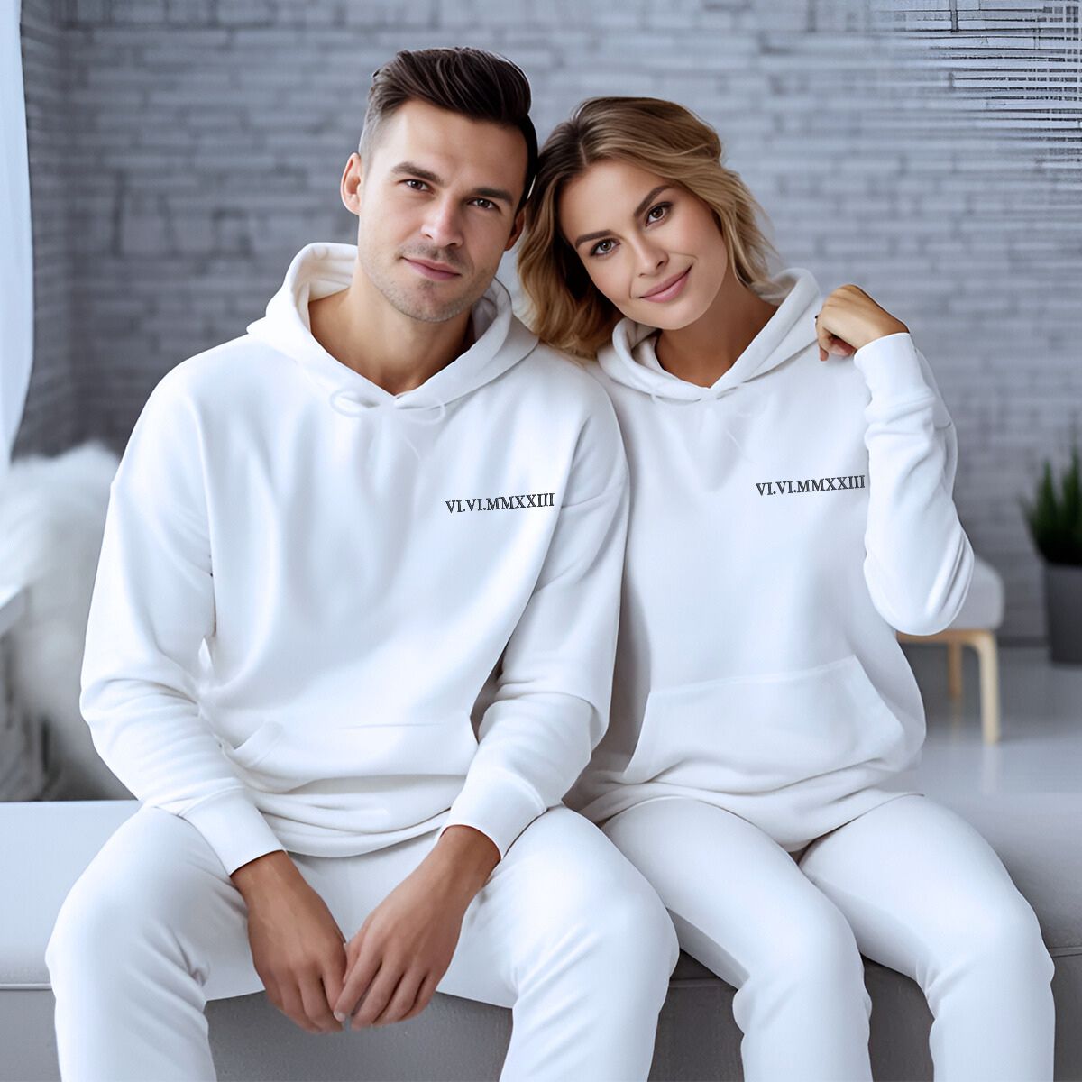 His and Hers Matching Hoodies or Sweatshirts Gift with Embroidered Roman Numerals on Chest - Embroly