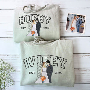 Custom Varsity Hubby and Wifey Sweatshirt or Hoodie, Embroidered Gift for Newlyweds