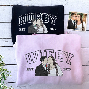 Custom Varsity Hubby and Wifey Sweatshirt or Hoodie, Embroidered Gift for Newlyweds