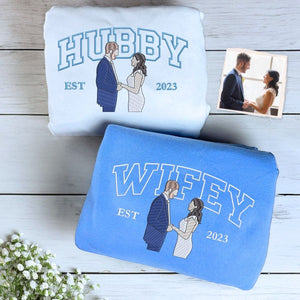 Custom Varsity Hubby and Wifey Sweatshirt or Hoodie, Embroidered Gift for Newlyweds