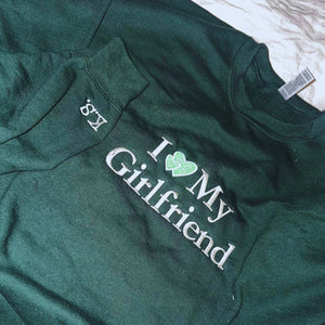 Embrodiered I Love My Girlfriend Hoodie or Sweatshirt, Personalized Initial Heart on Sleeve