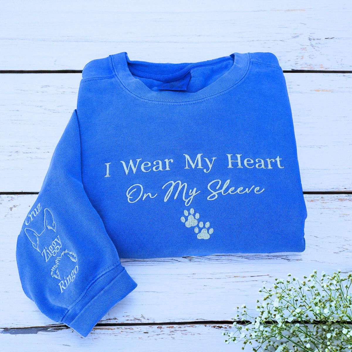 Flo Blue I wear my heart on my sleeve with dog ears on sleeve, a meaningful and cozy gift for dog mom dog dad dog parents