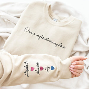 Custom Embroidered Mom Sweatshirt with GrandKids Names on Sleeve, I Wear My Heart On My Sleeve Mom Sweatshirt or Hoodie