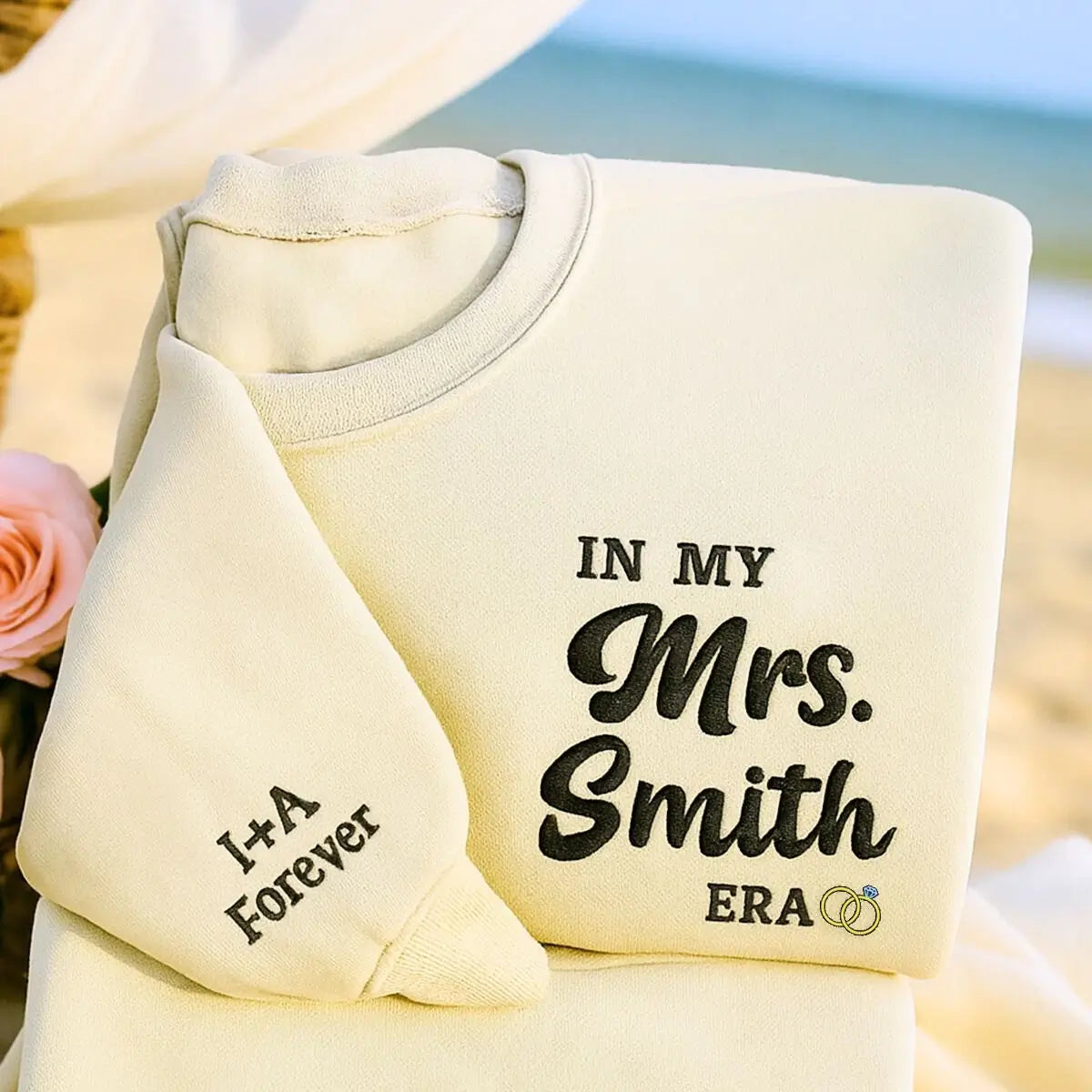 In My Mrs Sand Sweatshirt, a meaningful and cozy wedding gift for bride, wife
