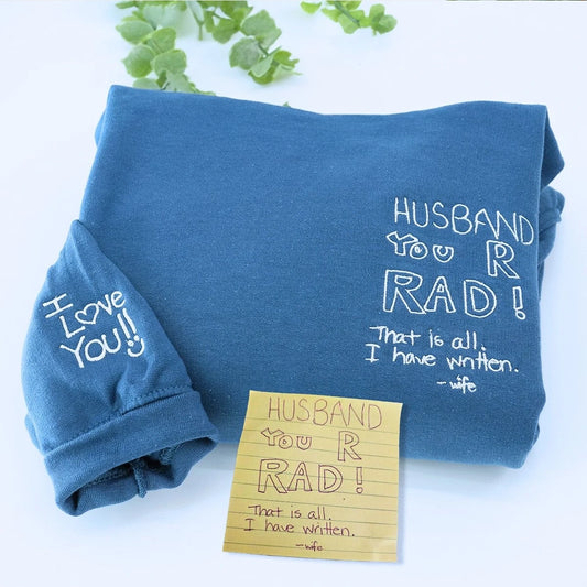 Indigo Blue Handwriting Sweatshirt, Custom Embroidered Gift for Husband