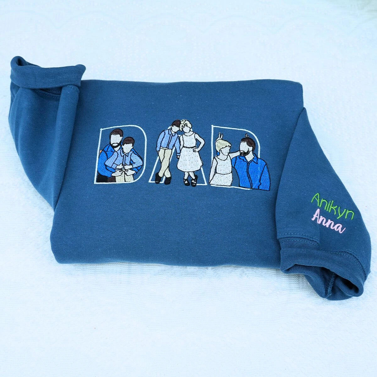 Indigo Blue Dad Sweatshirt with kids name on sleeve, a meaningful and cozy gift for dad