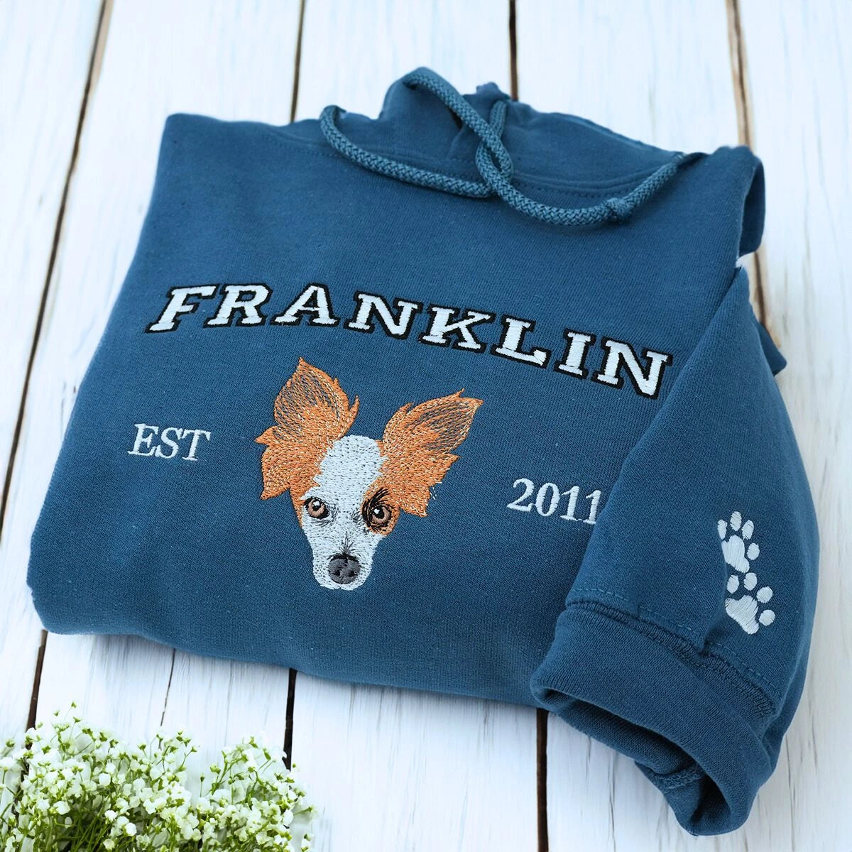 Indigo Blue Dog Hoodie with paw icon on sleeve, a meaningful and cozy gift for dog mom dog dad