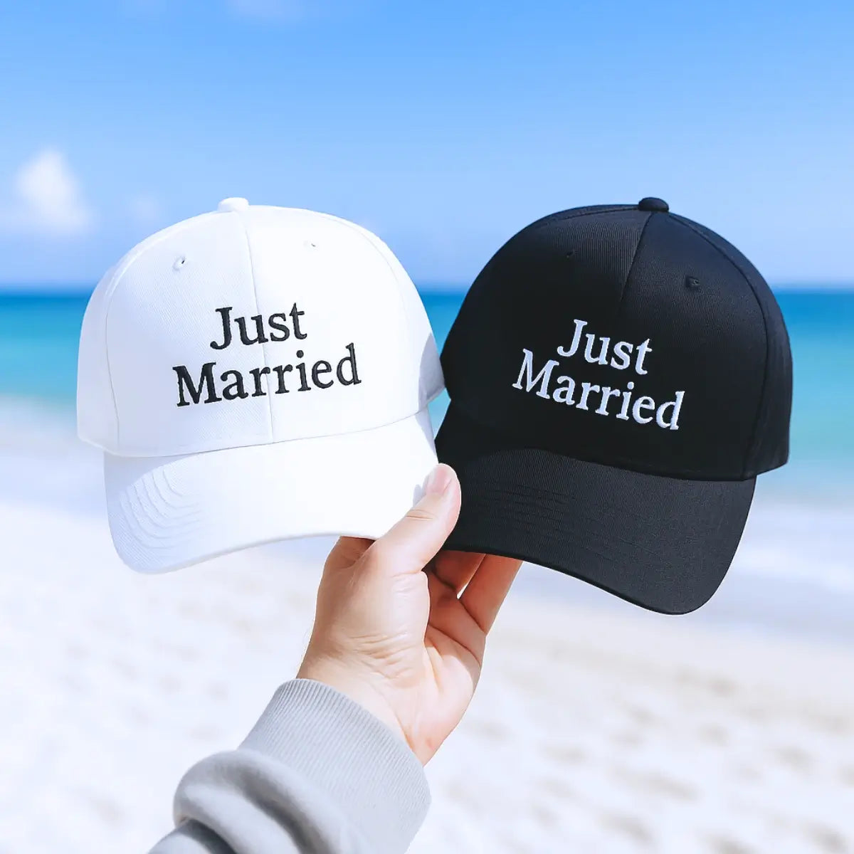 black and white just married hat, a wedding gift for Newlyweds
