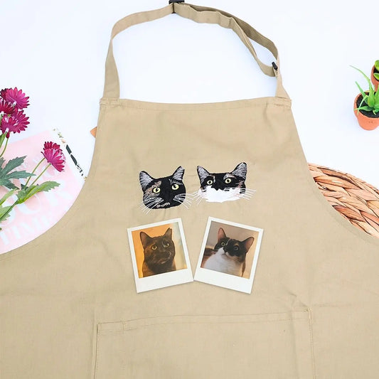 Cat Khaki Apron with two cats embroidery, a meaningful gift for cat mom cat dad