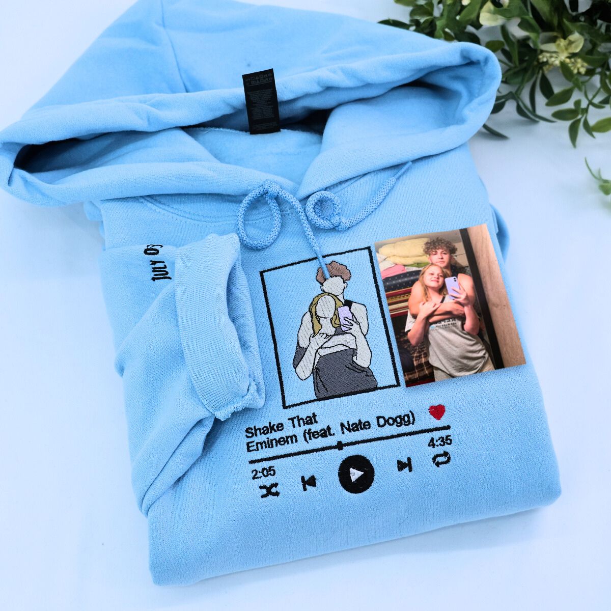 Light Blue Favorite Song for Couple Embroidered Hoodie, a meaningful and cozy gift for your boyfriend girlfriend